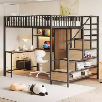 OKWISH Hochbett mit Schreibtisch, Kleiderschrank & Regalen, Metall, schwarz, 140x200cm
