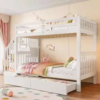 OKWISH Etagenbett mit Treppenregal und 2 Schubladen, wei&szlig;, 90x200cm