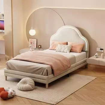 OKWISH Polsterbett 90x200 Kinderbett Wolkenkopfteil LED-Streifen Samt beige