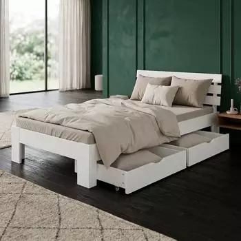 Homestyle4u Einzelbett 90x200 Kiefer wei&szlig;, 2 Bettk&auml;sten, Lattenrost (3213)