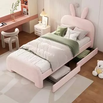 OKWISH Kinderbett Kaninchenkopf Polster rosa 90x200cm mit 2 Schubladen