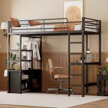 OKWISH Hochbett 90x200cm Metall schwarz mit Schreibtisch, USB & Steckdose