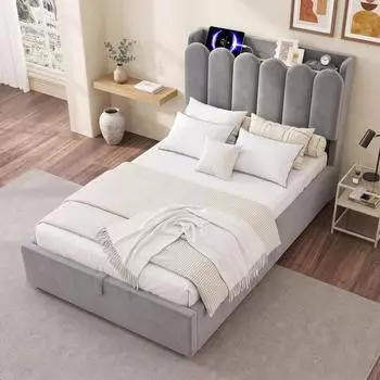 Stilvora Polsterbett 90x200cm mit Stauraum, USB & Leselampe, Samt, grau (KABMEZOIZ1Y98)