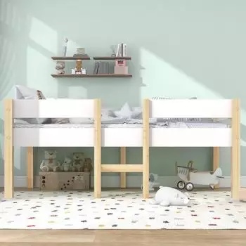 OKWISH Kinderbett halbhoch, Kiefer massiv, wei&szlig;, 90x190cm, mit Rausfallschutz