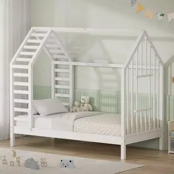 ML-Design Hausbett mit Dach und Fenster, Kiefernholz, 80x160cm, wei&szlig;