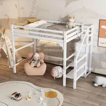 OKWISH Hochbett 140x200 cm mit Kleiderschrank und Stufentreppe, weiß, Holz