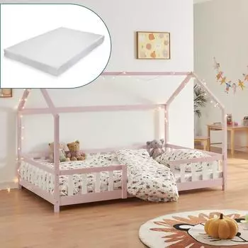 en.casa Sisimiut Hausbett mit Matratze Kiefernholz 140x200cm rosa/wei&szlig; (88653291)