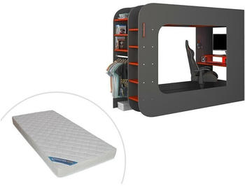 Kauf-Unique WARRIOR Hochbett mit Gaming-Schreibtisch 90x200cm anthrazit/rot