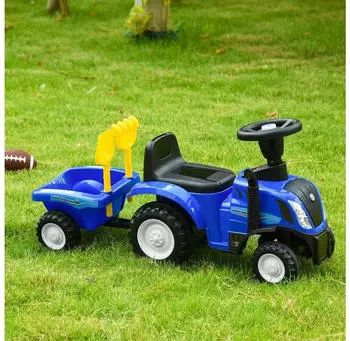 HomCom Rutschauto Kindertraktor Tretauto mit Anhänger Hupe Scheinwerfer Blau – Rutschauto mit Anhänger für eigenständige Mobilität