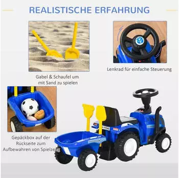 HomCom Rutschauto Kindertraktor Tretauto mit Anhänger Hupe Scheinwerfer Blau – Selbstbestimmte Fortbewegung durch Muskelkraft