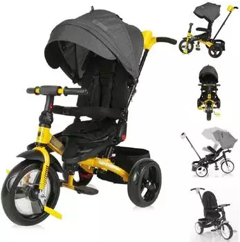 Lorelli Jaguar 4 in 1 Dreirad mit Schiebestange, drehbarem Sitz, Faltdach, schwarz/gelb