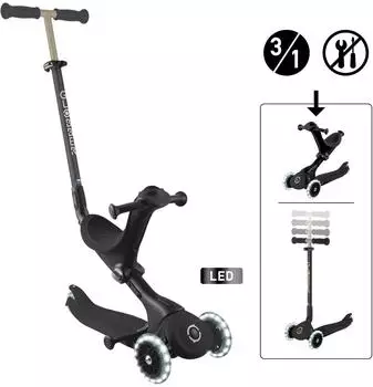 Globber GO-UP Deluxe Lights 3-in-1 Kinderroller mit Leuchtrollen, schwarz (646-720-2)
