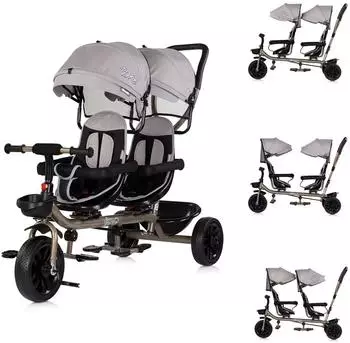 Chipolino Hip Hop Zwillingsdreirad, 2 Kinder, Sitze 360° drehbar, bis 40kg, hellbraun