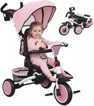 AIYAPLAY Dreirad 6in1 mit Schubstange, drehbarem Sitz, faltbar, rosa, 1-5 Jahre (370-406V00PK)