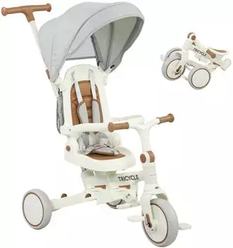 AIYAPLAY Dreirad 5-in-1 faltbar mit Schubstange, cremewei&szlig;, 1-3 Jahre