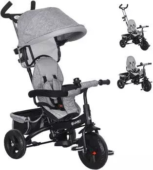 HomCom 6-in-1 Kinderdreirad mit Schubstange und Sonnendach, grau
