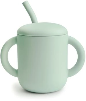 Mushie Silikonbecher mit Trinkhalm Cambridge Blue