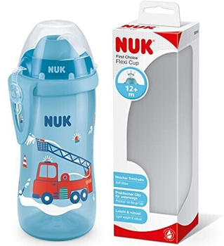 NUK First Choice+ Flexi Cup Trinklernflasche | ab 12 Monaten | auslaufsicher mit Trinkhalm | Clip und Schutzkappe | BPA-frei | 300 ml | Feuerwehrauto (blau)