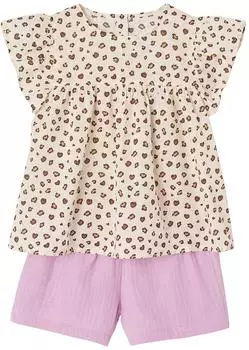 Vertbaudet Mädchen-Set: Geblümte Bluse & Musselin-Shorts (341010547) hellbeige/leo+rosa