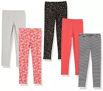 Amazon Essentials Leggings 5er-Pack (GAE60033SP18) grau/orange/pfirsich blattmuster/schwarz sterne/weiß streifen