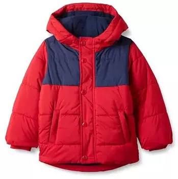Amazon Essentials Kapuzen-Puffermantel wasserabweisend, Oversized Fit (AE2018278) marineblau rot farbblock