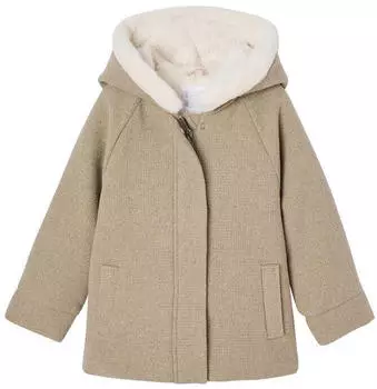 Vertbaudet Girls Winter Coat Wool-Mix Hooded Lined beige meliert
