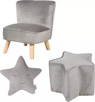 Roba Lil Sofa Kindersitzgruppe Kindersessel, Hocker & Sternkissen, Samt, silbergrau (230S09M3)
