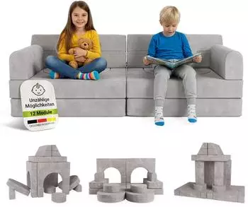 Juskys Kayo Kindersofa Cord, 12-teilig, hellgrau