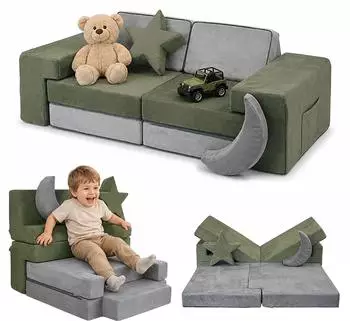 Relaxdays Kinder-Spielsofa, modular, 10 Elemente, Velours, grau-gr&uuml;n