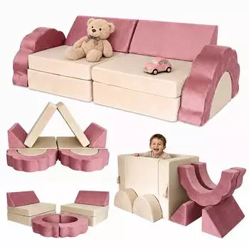 Relaxdays Kinder-Spielsofa modular, 10-tlg., Samt, pink