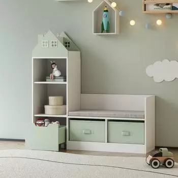 en.casa Vipsali Kindersitzbank mit Regal, Hausoptik, mintgr&uuml;n/wei&szlig;, 100x99x30cm