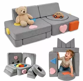 Relaxdays Kinder-Spielsofa modular 18-tlg. Velours, grau (130x40x65cm)