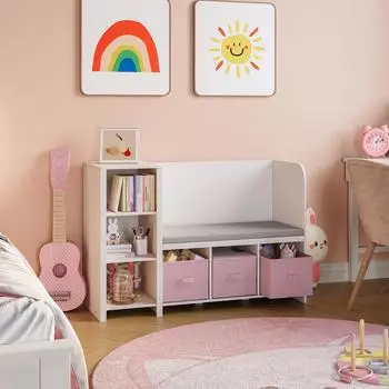 en.casa H&oslash;ylandet Kinderregal mit Sitzbank 76x112x40cm, wei&szlig;/rosa