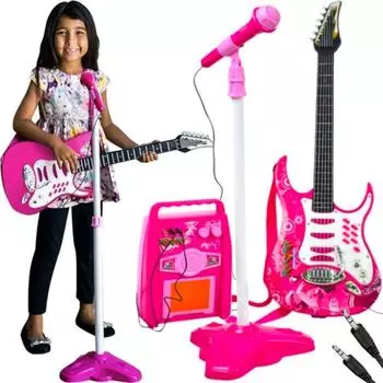 Kruzzel Kinder E-Gitarren-Set mit Mikrofon und Verst&auml;rker, pink (22407)