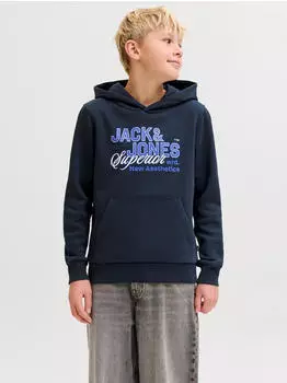 Jack & Jones JJELOGO SWEAT HOOD 2 COL AW25 NOOS JNR Kapuzensweatshirt Regular Fit (12279744) navy blazer detail: bright white/dazzling blue