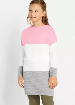 bonprix Langer Pullover mit Blockstreifen, Regular Fit puderrosa/wollwei&szlig;/grau gestreift