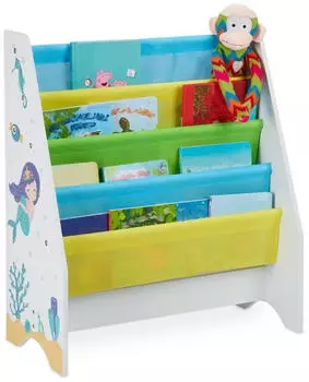 Relaxdays Kinder Bücherregal 4 Hängefächer, Meerjungfrau-Motiv, 71x62x29cm