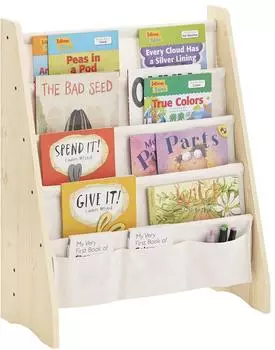 SoBuy KMB50 Montessori Kinder-B&uuml;cherregal mit 4 Stofff&auml;chern, Natur (KMB50-N)
