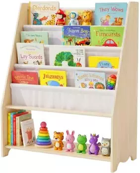 Relaxdays Kinderb&uuml;cherregal Montessori 4 Stofff&auml;cher, Holz, wei&szlig;/natur (78x64x28cm)