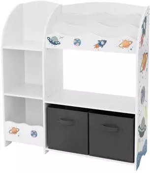 Joyz Kinderregal Weltraum-Motiv 8 Ablagef&auml;cher 2 Stoffboxen, Wei&szlig;, 93x30x98cm