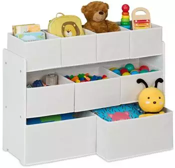 Relaxdays Kinderregal 9 Stoffboxen, Holzwerkstoff/Metall, Wei&szlig;, 92x60x30cm
