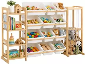 Relaxdays Kinderregal mit 12 Boxen, 150x80x30cm, Wei&szlig;/Hellbraun