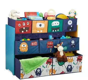 Relaxdays Kinderregal mit 9 Stoffboxen Monster Design, 70x92,5x30cm, bunt
