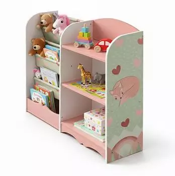 Relaxdays Kinderregal 4 F&auml;cher 3 H&auml;ngef&auml;cher MDF rosa/gr&uuml;n 80x82x26cm