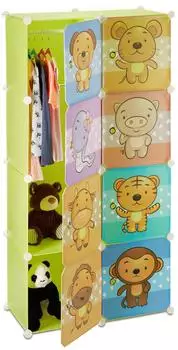 Relaxdays Kinderregal Stecksystem mit Tiermotiv, T&uuml;ren & Kleiderstange, 74x37x145cm