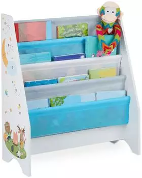 Relaxdays Kinder-B&uuml;cherregal 4 F&auml;cher, Holzwerkstoff/Metall, wei&szlig;/hellblau/grau, 62x71x29cm