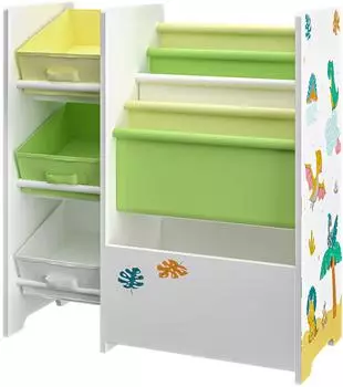 en.casa Vimianzo Kinderregal mit 3 Faltboxen, Dinosaurier-Motiv, wei&szlig;/gr&uuml;n/gelb