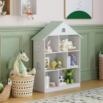 en.casa Vipsali Kinderregal Hausform 6 F&auml;cher, wei&szlig;/mintgr&uuml;n, MDF (107x83x30cm)