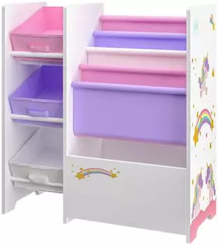 en.casa Vimianzo Kinderregal 5 F&auml;cher 3 Faltboxen Einhorn-Motiv wei&szlig;/lila/rosa (Vimianzo)