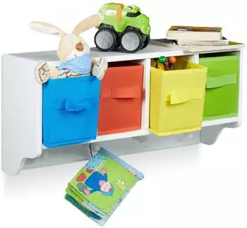 Relaxdays Albus Kinder-Wandregal mit Haken, 4 Fächer